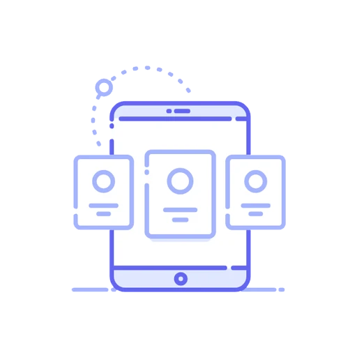 Ilustracja przedstawia abstrakcyjne niebieskie urządzenie mobilne z trzema kartami użytkowników. W tle widoczna jest stylizowana grafika przedstawiająca cyfrową komunikację.